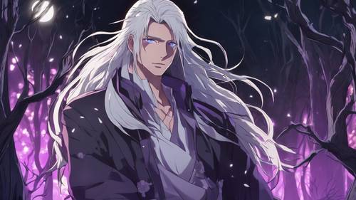 Um taciturno garoto de anime com longos cabelos brancos e olhos roxos brilhantes, parado em uma floresta iluminada pela lua.