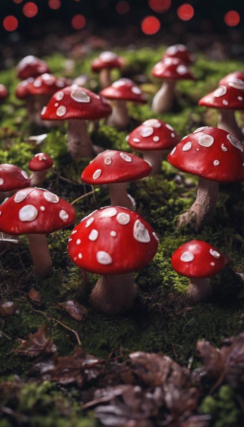红色的蘑菇呈圆形生长，在月光下形成一个蘑菇环。