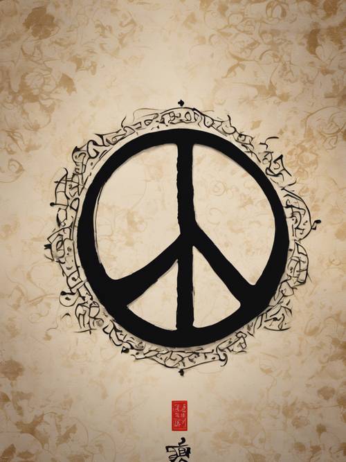Một bức thư pháp minh họa cụm từ &#39;hòa bình và thịnh vượng&#39; bằng chữ viết truyền thống phương Đông.