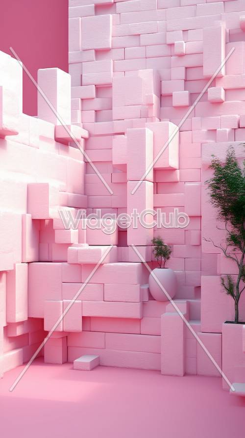 미니 트리를 사용한 핑크색 3D 블록 디자인