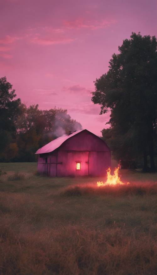 A small glowing pink fire in a rustic farm during a serene dusk.