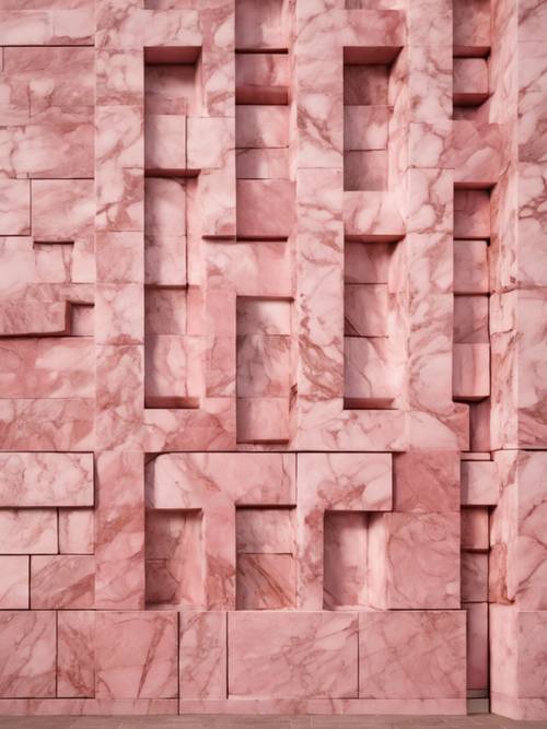 An outdoor wall of a building, made of polished pink marble.
