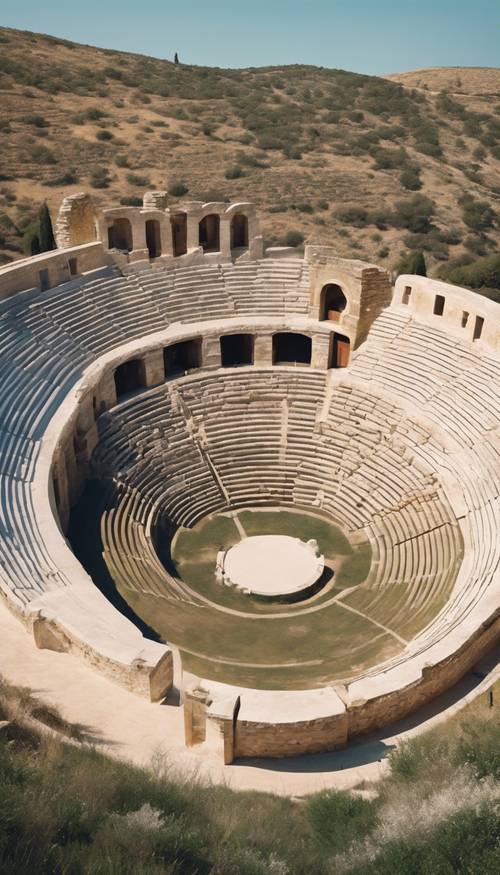 A detailed depiction of a classic Greek amphitheatre nestled amidst rolling hills under clear blue skies.