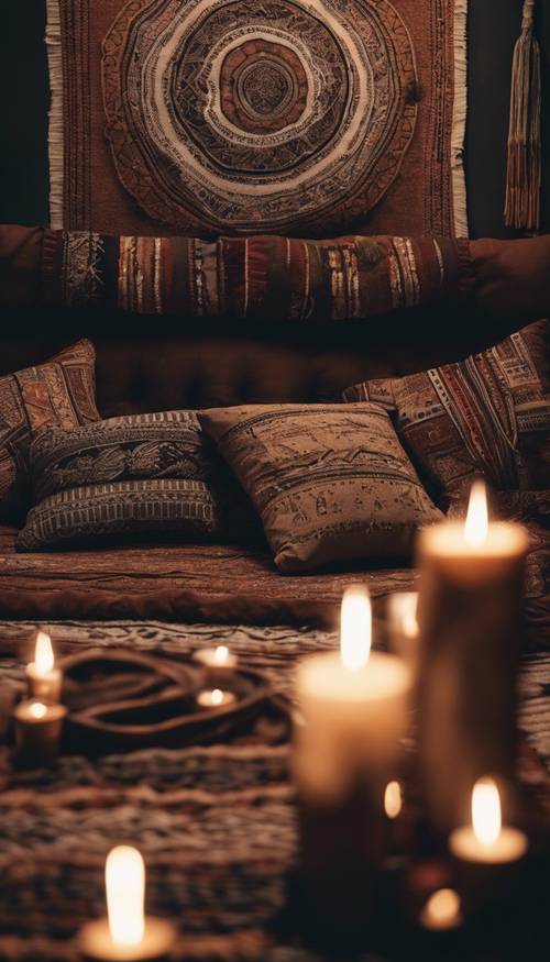 Ruang tamu bergaya boho gelap yang diterangi cahaya lilin, diisi dengan bantal dan permadani bermotif tribal.