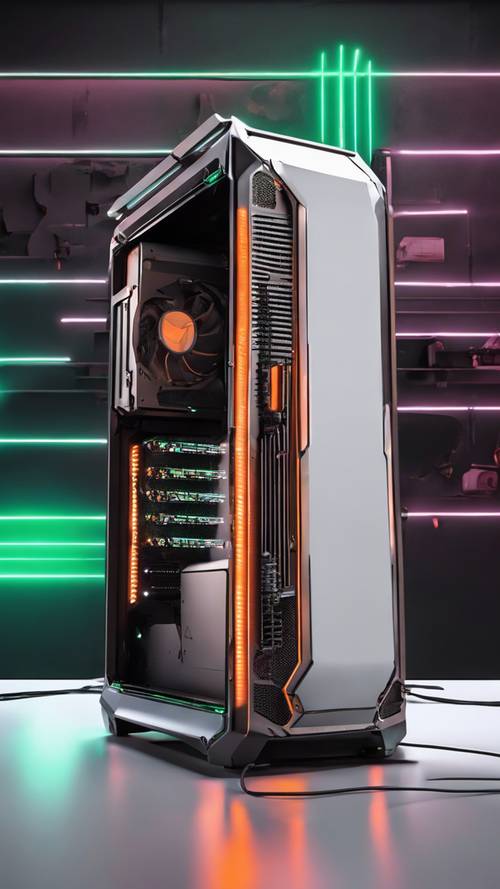 A sleek gaming PC tower with orange lights and green accents displayed on a bright white table.
