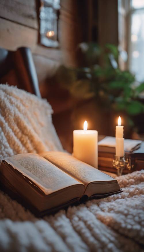 A cozy, cottagecore living room lit by candlelight, with an old leather-bound book splayed open on the lap of a comforter-covered individual. Wallpaper [bf3c9ac720b744a097bc]