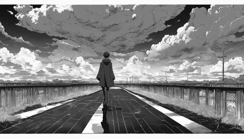 Uma cena de anime em tons de cinza representando um personagem sombrio com uma nuvem escura pairando sobre ele.