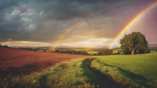 Ein leuchtender Regenbogen, der sich über eine friedliche Landschaft erstreckt, mit einem beruhigenden Zitat entlang seines Bogens.