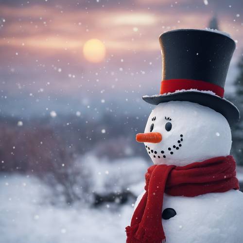 A charming snowman adorned with a top hat, carrot nose, and a bright red scarf, set against a snow-covered landscape, with flurries continuing to fall from the darkened twilight sky.