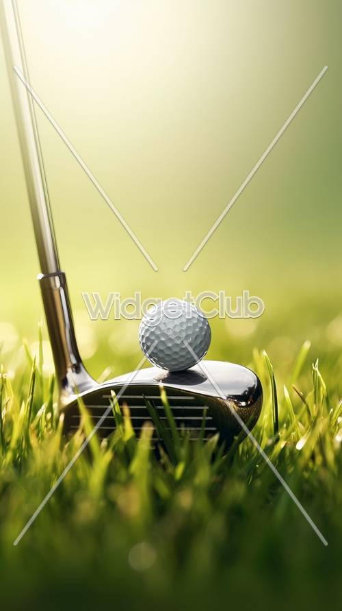 Golf Ball and Club on Sunny Green Grass Field