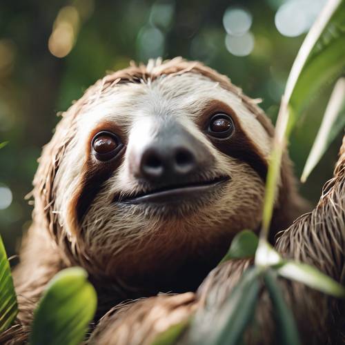 Gambar gaya animasi seekor sloth dan kehidupan sehari-harinya di hutan tropis.