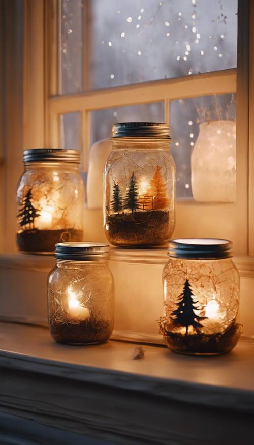 Windowsill adorned with DIY mason jar lanterns casting a warm, inviting glow on a serene Thanksgiving evening.