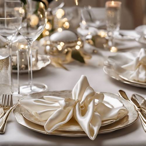 Cream silk napkins folded into elegant shapes on a festive dining table setting. کاغذ دیواری [d267d2d5ccb04b8f878c]