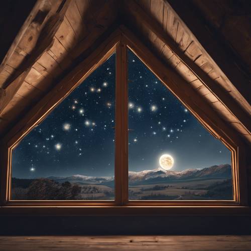 A heart-shaped window of a spacious attic with a view of the starry night sky and moonlight streaming in.