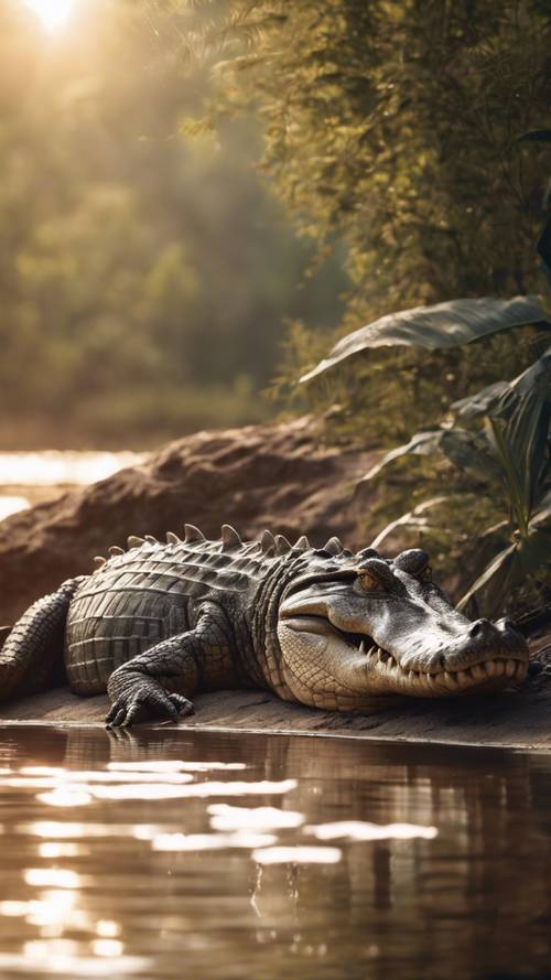 Ein Krokodil genießt am Ufer eines Flusses die Wärme der Nachmittagssonne.