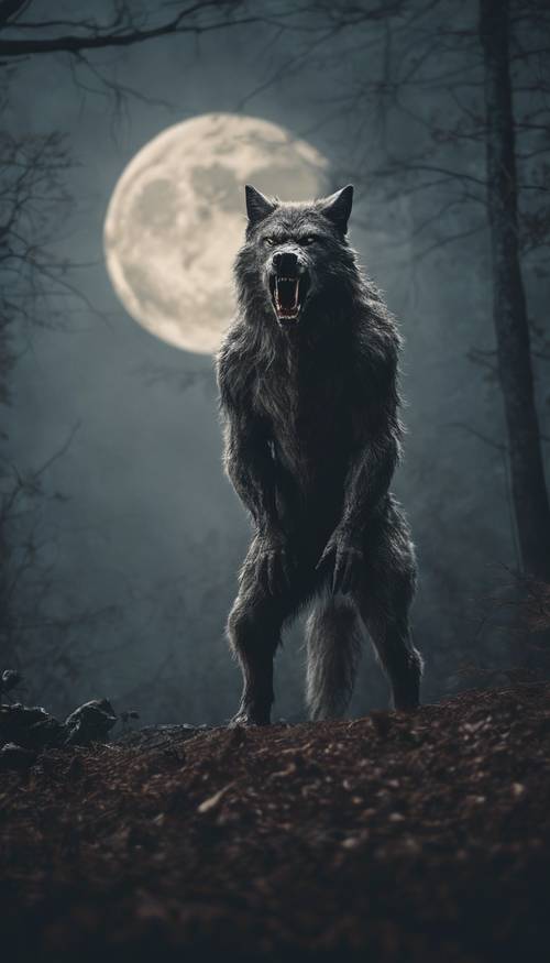 Manusia serigala ganas berdiri tegak di bawah bulan purnama di hutan lebat dan berkabut