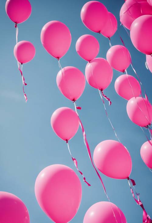 A group of hot pink balloons floating against a clear blue sky.