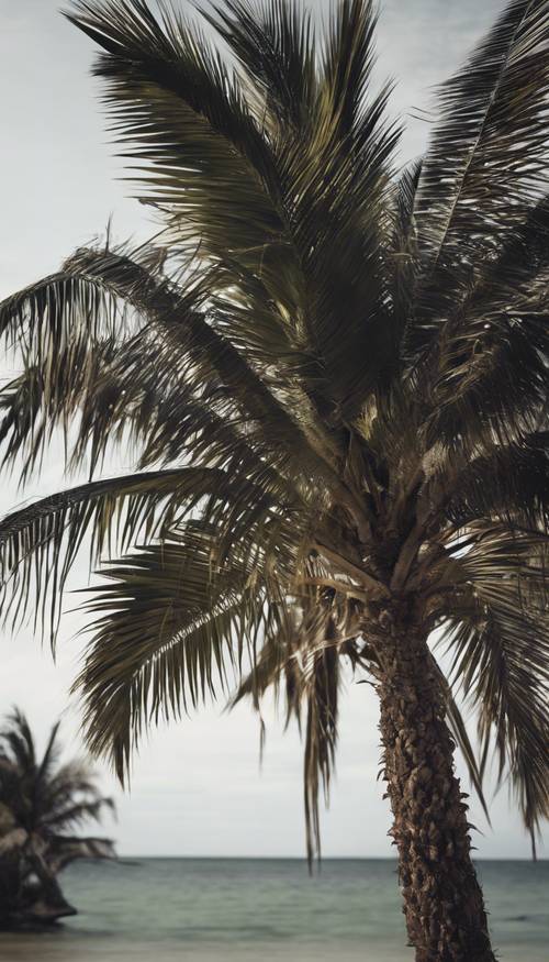 这是一棵黑色棕榈树的艺术印象，孤独地矗立在荒岛上。