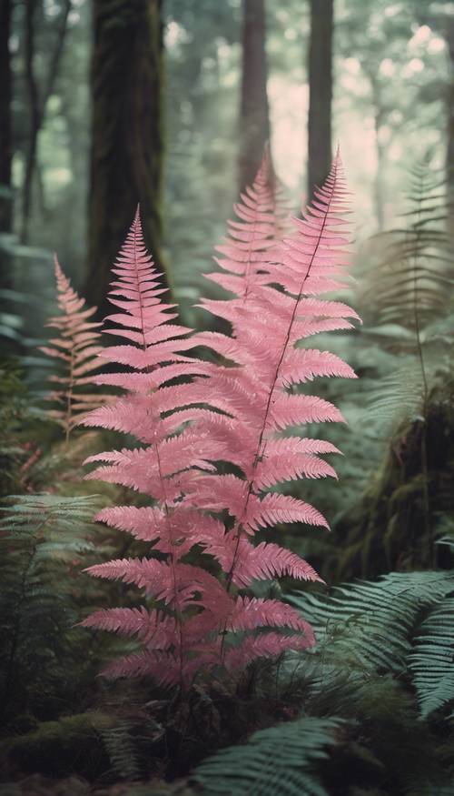 A fantasy forest filled with towering pink ferns