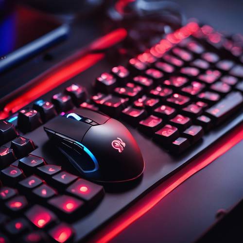 Um conjunto de mouse e teclado para jogos, iluminado por LEDs vermelhos e azuis intensos, em uma mesa elegante.