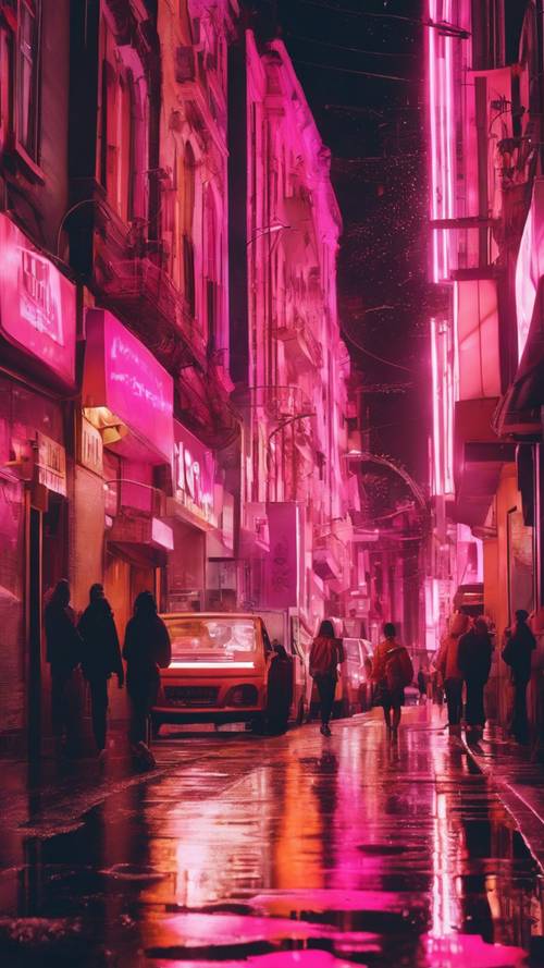 네온 핑크색과 오렌지색 조명이 밤에 번화한 도시 거리를 밝게 비춥니다.