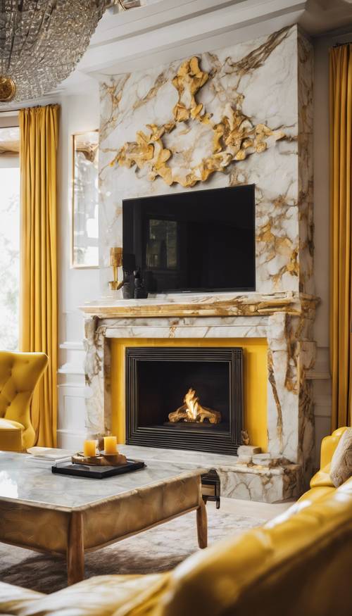 Sala de estar suntuosamente decorada com lareira em mármore amarelo.