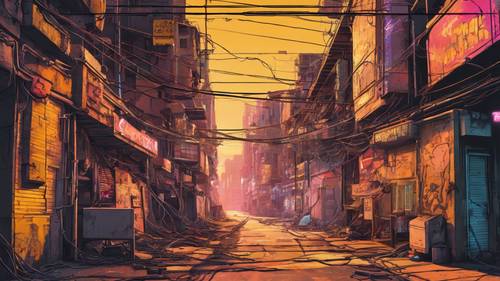 A desolate, gritty yellow-lit alleyway filled with wires and neon signs.