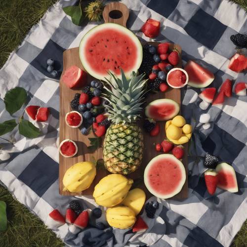 Una varietà di frutta (anguria, bacche, ananas) tagliata a fette e servita su un utensile di legno, su una coperta da picnic a scacchi, all&#39;ombra di un albero.