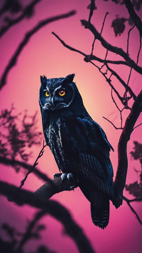 بومة سوداء اللون، عيونها متوهجة بألوان نيون باردة، تجلس على فرع شجرة في ليلة بلا قمر.