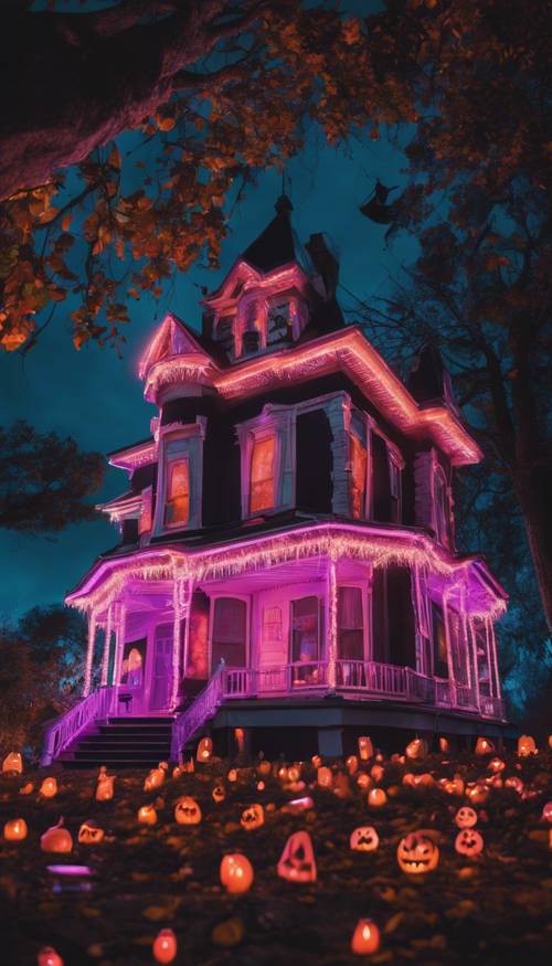 Nawiedzony dom ozdobiony neonowymi dekoracjami Halloween”.