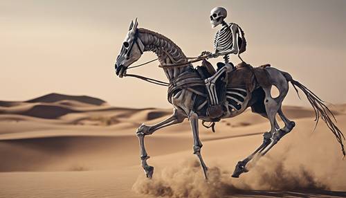 Um esqueleto cavalgando por um deserto solitário.