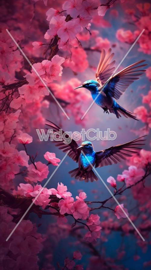 ピンクの花々の中を飛ぶ青い鳥たち 桜の季節をイメージした壁紙