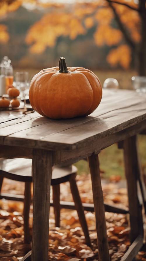 A solitary orange pumpkin on a farmhouse dining table set against an autumn backdrop.