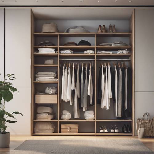 An image depicting a well-organized, Japanese minimalist, open-concept closet. Ταπετσαρία [f139384abce14d0bbe81]