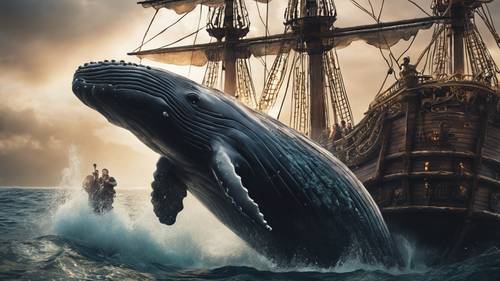 Una scena epica tratta da una storia in cui una balena ingoia un&#39;intera nave pirata.
