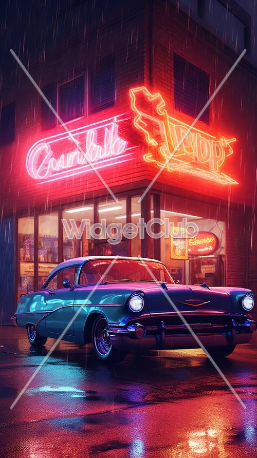 Neony i klasyczny samochód w scenie deszczowej nocy