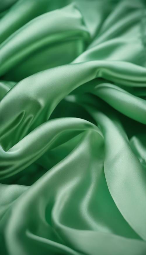 Un primo piano di un lussuoso tessuto di seta verde delicatamente increspato dalla brezza.