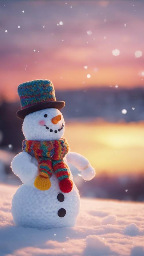 A happy snowman in a colourful knitted scarf and a top hat, set against a picturesque winter sunset.