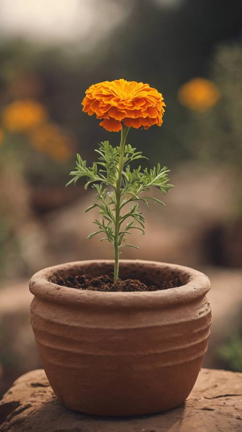 A marigold plant growing alone in a rustic terracotta pot.