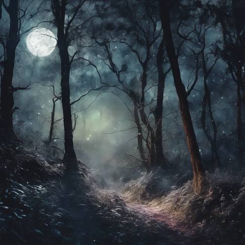 Czarująca akwarela przedstawiająca ciemny mistyczny las podkreślony światłem księżyca. Tapeta [cfe3fc5b0b1743d1bedc]