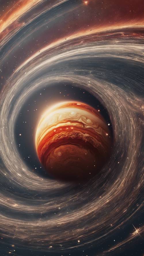 A surreal view of Sagittarius emerging from the swirling depths of the Great Red Spot of Jupiter.