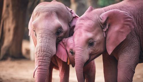 Un elefante rosa bebé abrazado a su madre.