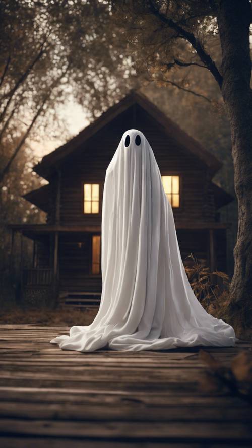 一个令人毛骨悚然但又可爱的鬼魂，由一块柔软、欢快的白布做成，漂浮在一座木屋上方，背景是沐浴在月光下的高大的树木。