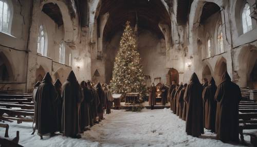 Um coro espectral cantando hinos de Natal assustadores em uma igreja dilapidada e coberta de neve.