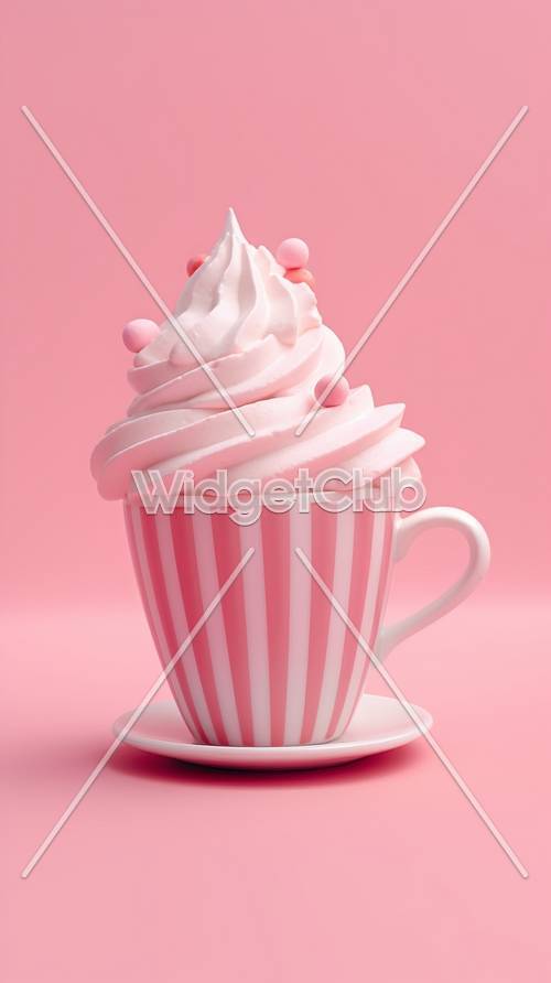 분홍색 바탕에 줄무늬 컵에 핑크 컵케이크
