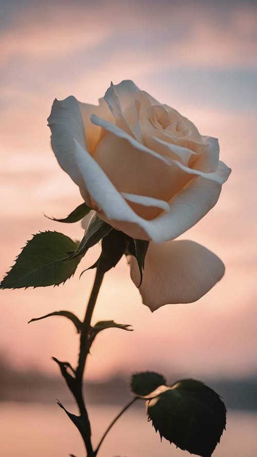 一朵白玫瑰的轮廓映衬着淡色的日出。