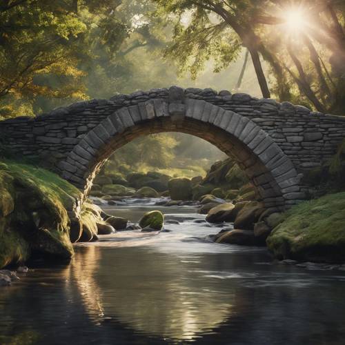 An ancient gray stone bridge arcing gracefully over a glistening stream
