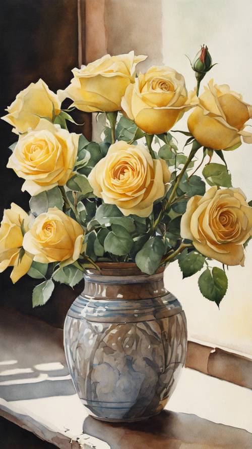 A vintage watercolor painting of a bunch of yellow roses placed in a rustic ceramic vase.