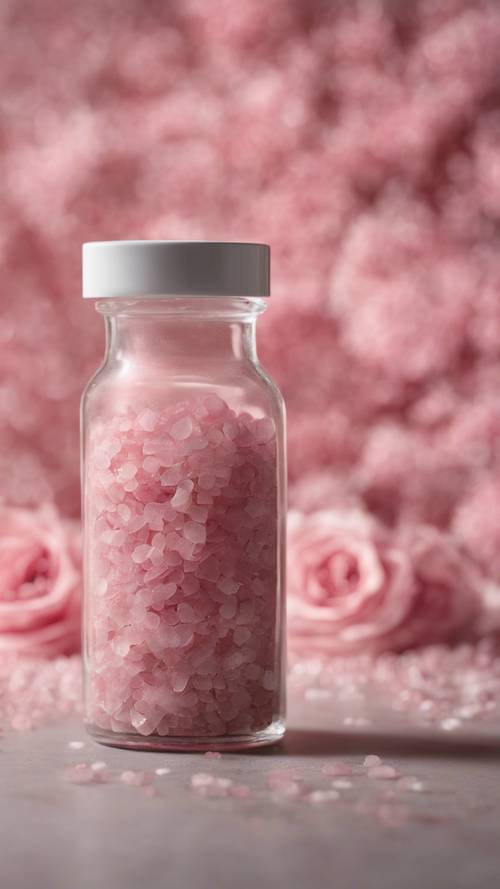 Une bouteille en verre recyclé moderne et minimaliste remplie de sels de bain roses sur fond de béton.