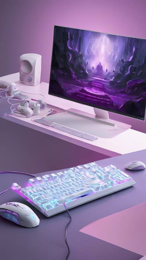 干净、简约的桌子上摆放着一款光滑的白色游戏键盘，配有紫色 LED 背光按键。